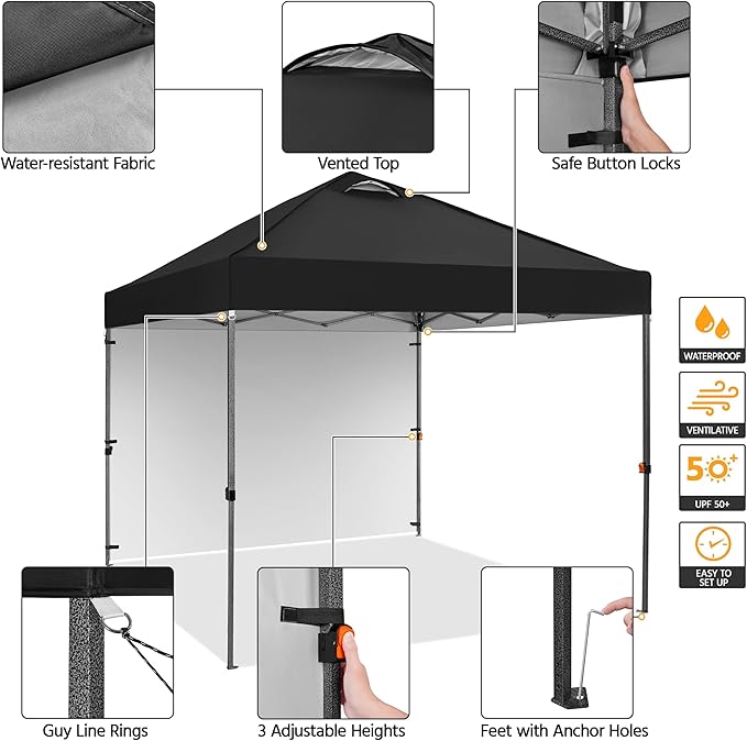 Yaheetech 10x10 Pop up Canopy Tent w/1 Sidewall, Instant Commercial 150D Silver Coated Fabric Outdoor Instant Tent w/Wheeled Bag, 4 Sandbags, 8 Stakes & 4 Ropes for Parties, Camping, Beach, Black