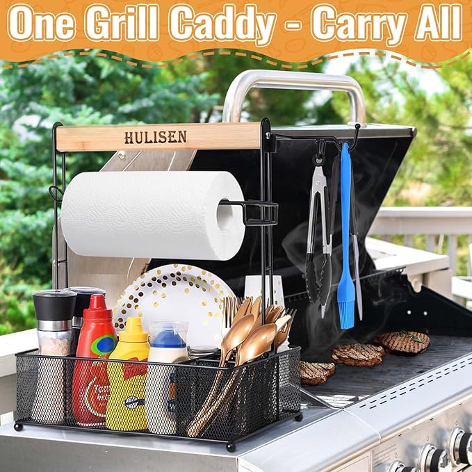 HULISEN Grill Caddy for Outdoor Grill, BBQ Caddy with Paper Towel Holder for Plates, Silverware, Utensils - Picnic & Barbeque & Camping Essentials Accessories for Tailgating, Camper, RV, Backyard