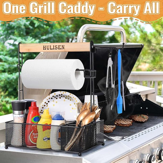HULISEN Grill Caddy for Outdoor Grill, BBQ Caddy with Paper Towel Holder for Plates, Silverware, Utensils - Picnic & Barbeque & Camping Essentials Accessories for Tailgating, Camper, RV, Backyard