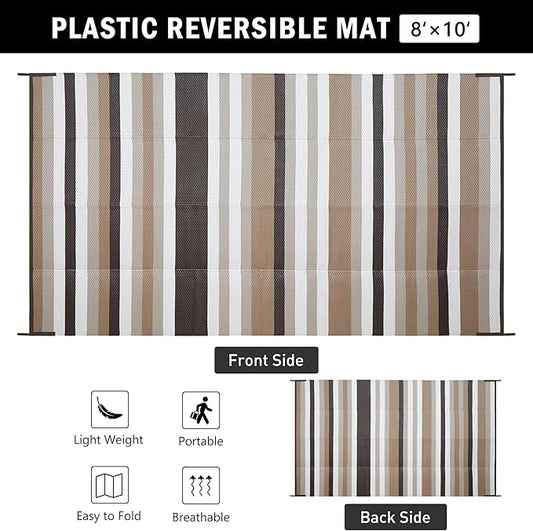 Outdoor Waterproof Rug 8'x10' Plastic Straw Rugs Washable Reversible Floor Mat Brown Stripe Carpet for Camping RV Deck Entryance Porch Picnic Balcony Beach Backyard