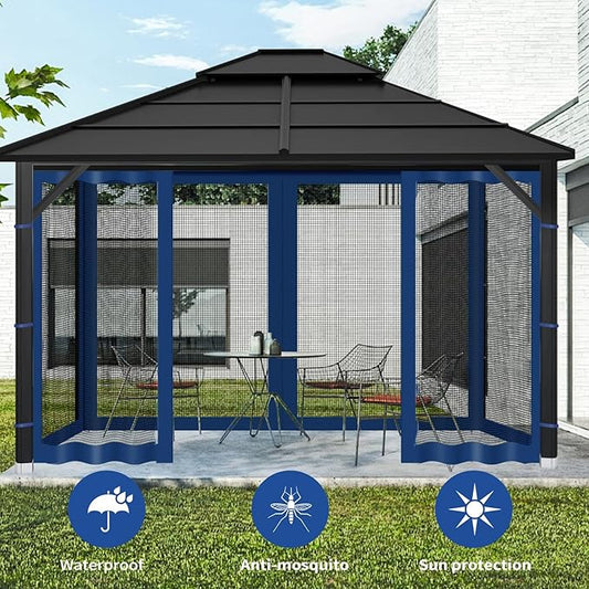 Gazebo Replacement Mosquito Netting Outdoor Universal Gazebo Canopy 4-Panels Screen Sidewalls with Zipper for Patio Garden (Navy Blue, 10x12)