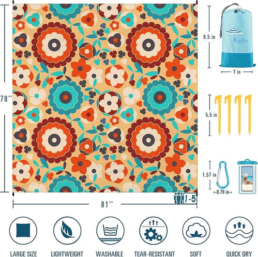 Beach Blanket Sandproof Waterproof 78''×81''1-5Adults Oversized,Compact Lightweight Durable Beach Mat for Travel Camping Hiking Picnic Blanket