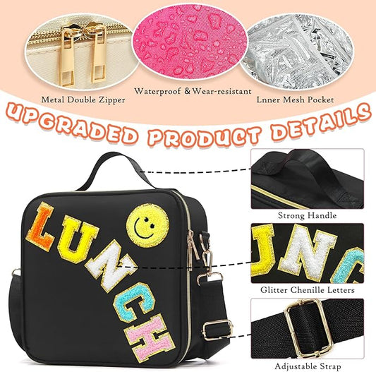 Insulated Lunch Bag Women Lunch Box Kids for Teen Girls Boys, Cute Preppy Lunch Boxes With Adjustable Shoulder Strap, Waterproof Nylon Lunchbox Lunch Bags for School Work Picnic (Black)