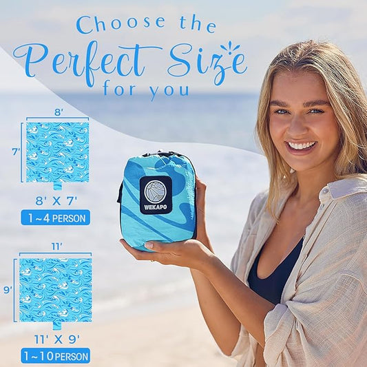 WEKAPO Beach Blanket Waterproof Sandproof Oversized Extra Large Sand Free Beach Mat with Stakes, Storage Bag - Essentials for Outdoor Beach, Picnic (Blue Ocean Waves, 11 X 9 FT (1~10 Person))