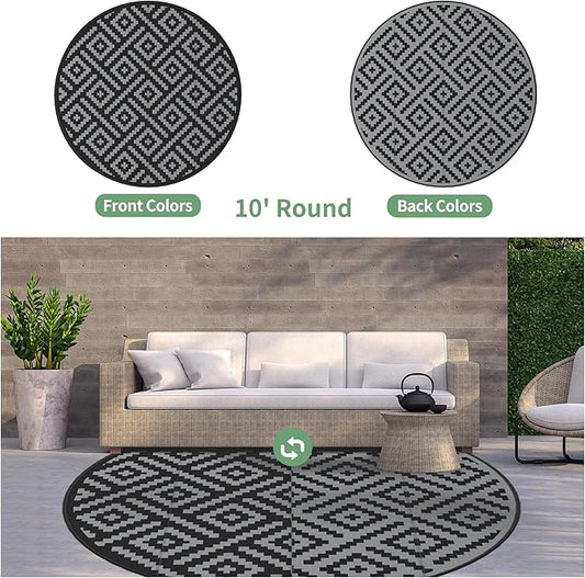 GENIMO 10' Round Outdoor Rug for Patios Clearance, Reversible Plastic Straw Rugs, RV Camping Mat for Camper, Balcony, Backyard, Picnic, Deck, Black & Gray