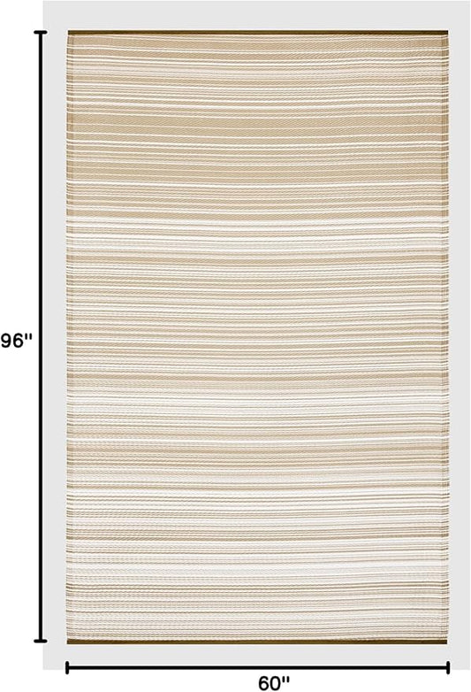 FH Home Outdoor Rug - Waterproof, Fade Resistant, Reversible - Premium Recycled Plastic - Striped - Patio, Deck, Porch, Balcony - Havana - Beige Crease Free - 5 x 8 ft