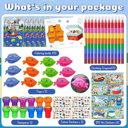 72 Pcs Gone Fishing Party Coloring Book with Crayons Bulk,Summer Fishing Party Favors Goodie Bags Fillers,Little Fisherman Birthday Party Supplies Face Stickers Tattoo Prizes Gift for Summer Party