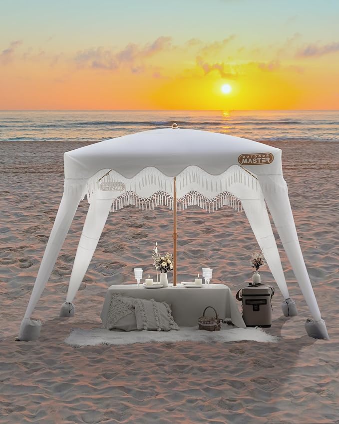 OutdoorMaster Beach Cabana with Fringes, Portable 6' x 6' Beach Canopy for Sand, Easy Set Up Sun Shelter, Included Side Wall, UPF 50+ UV Protection Sun Umbrella - for Family & Friends -Romantic White