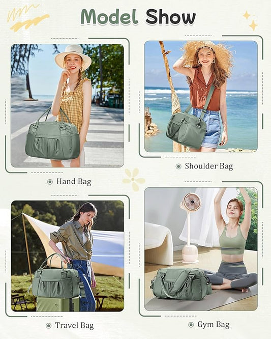 Travel Duffel Bag for Women - Small Waterproof Weekender Tote Carry on Bag with Shoe Compartment, Wet Pocket & Trolley Sleeve - Ideal for Gym, Yoga, Swim, Dance & Workout Green