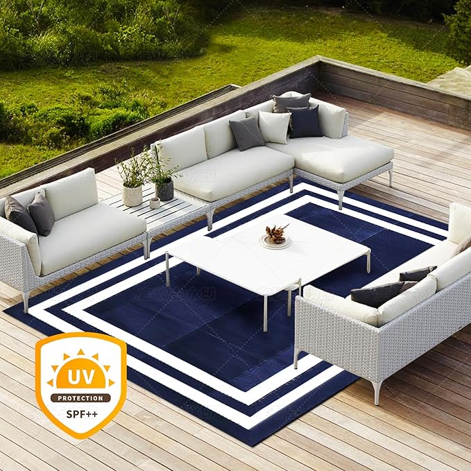 9'x 12' Outdoor Rug,Waterproof Reversible Patio Rugs,9x12 ft Plastic Straw Outdoor Carpet Foldable Plastic Camping Mat for Outside RV, Patio,Picnic,Camper,Balcony,Porch(Navy Blue &White)
