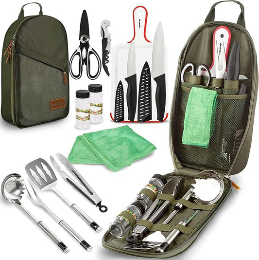 Camp Kitchen Cooking Utensil Set Travel Organizer Grill Accessories Portable Compact Gear for Backpacking BBQ Camping Hiking Travel Cookware Kit Water Resistant Case