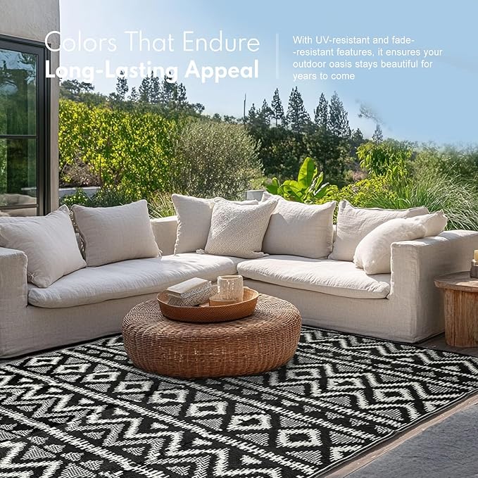 Waterproof Outdoor Rug 9x18 ft, Reversible Plastic Straw Rug, Easy to Clean Patio Rug, Portable Carpet for Patio, RV, Deck, Balcony, Backyard, Picnic, Beach, Geometric Diamond, Gray