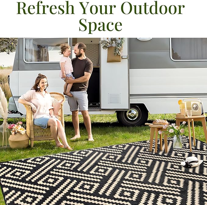 OPPODREAM Outdoor Rug 8x10 Patio Waterproof, Large Outdoor Plastic Straw Rug, Reversible Out Door Carpet Camping Essentials, Deck, Rv, 8 x 10 Area Carpet for Balcony, Porch, Backyard, Black & Beige