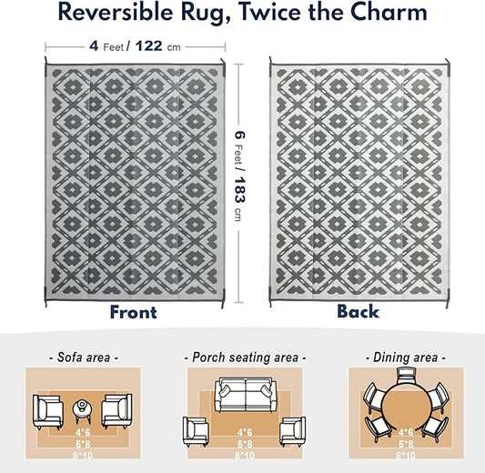 Waterproof Outdoor Rug 4x6 ft, Reversible Plastic Straw Rug, Easy to Clean Patio Rug, Portable Carpet for Patio, RV, Deck, Balcony, Backyard, Picnic, Beach, Square Dashed, Gray