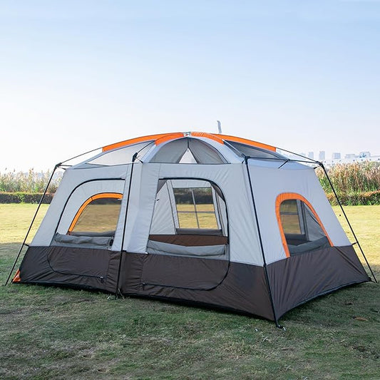 KTT Large Family Cabin Tent 10-12 Person,14.1X10X6.58ft,2 Rooms,3 Storage Pockets,2 Bay-Windows 3 Doors and 3 Windows with Mesh,Straight Wall,Waterproof,Double Layer,Big Tent for Outdoor,Camping