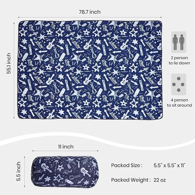 Waterproof Outdoor Blanket, 78.7x55inch, Printed Large Picnic Blankets, Foldable Picnic Mat, Camping Blanket for Picnic, Grass, Park, Lawn, Beach - Star and Guitar