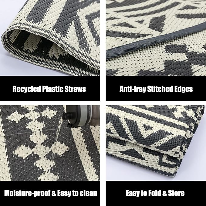 RV Outdoor Rug Waterproof Mat Outdoor Rugs 6'x9' for Patios Clearance Carpet Outdoor Camping Rugs Large Plastic Straw Rug (Geometric Boho Grey&White)