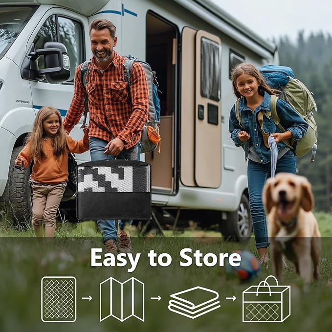 6x9 ft Outdoor Rug Waterproof, Plastic Straw Patio Carpet - UV Resistant Reversible Indoor Outdoor Rugs for Porch, Camping, Poolside, RV, Balcony, Easy to Clean, Black and White