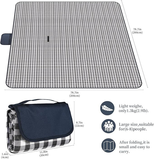 Picnic Blanket Waterproof Beach Rug 80''x80'' Picnic Mat Washable Lightweight with Handle Navy Blue Checkered for Hiking Travelling Outdoor Camping,Parks