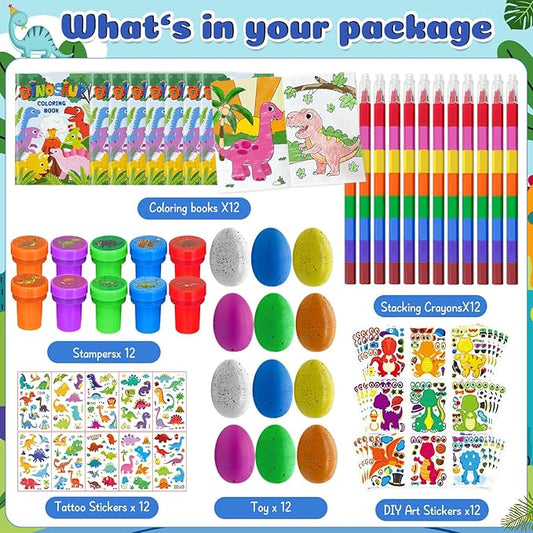 Cinrobiye 72 Pcs Dinosaur Coloring Book with Crayons Party Favors,Dinosaur Party Goodie Bags Fillers,Dinosaur Birthday Party Games Craft DIY Kit Face Stickes Tattoo for Dinosaur Pinatas