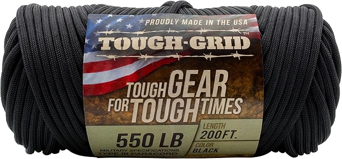 TOUGH-GRID Premium Black Paracord 550 lbs Made in USA Outdoor Survival Nylon Rope Tactical Heavy Duty Strands Parachute Cord Used by US Military Type III Mil-Spec