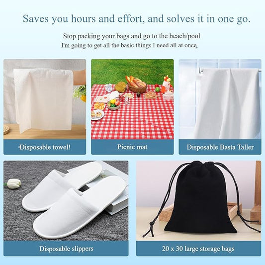 Disposable kits 5p,Beach Vacation Essentials,Car Camping Essentials,Camping Shower,Disaster Emergency Supplies,Include Beach Towel, Slippers, Disposables Bath Towels, mats, Storage Bags,for men/women