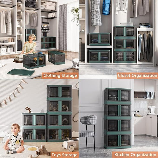 19Gal Collapsible Storage Bins with Lids & Wheels - 2 Pack Stackable with Doors, Heavy-Duty Plastic Containers for Home/Office, Green