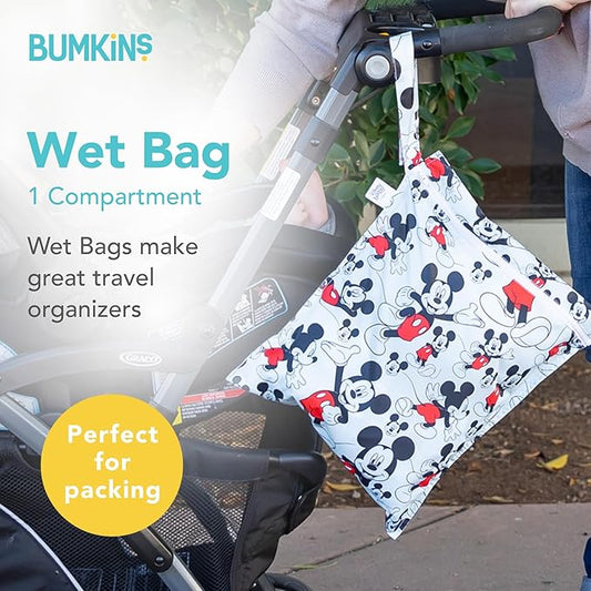 Bumkins Disney Waterproof Wet Bag for Baby, Travel, Swim Suit, Cloth Diapers, Pump Parts, Pool, Gym Clothes, Toiletry, Strap to Stroller, Daycare, Zipper Reusable Bag, Packing Pouch, Mickey Mouse