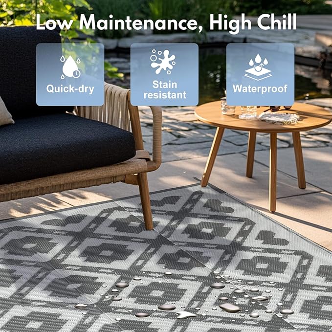 Waterproof Outdoor Rug 9x18 ft, Reversible Plastic Straw Rug, Easy to Clean Patio Rug, Portable Carpet for Patio, RV, Deck, Balcony, Backyard, Picnic, Beach, Square Dashed, Gray