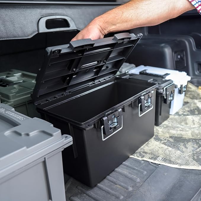 Sheffield 12764 4-Pack XL Ammo Storage Box, Stackable .50 Cal Field Boxes, Water and Dust Resistant, Lockable Storage Box with Handle, Heavy Duty Protection for Hunting Gear, Made in the USA, Black