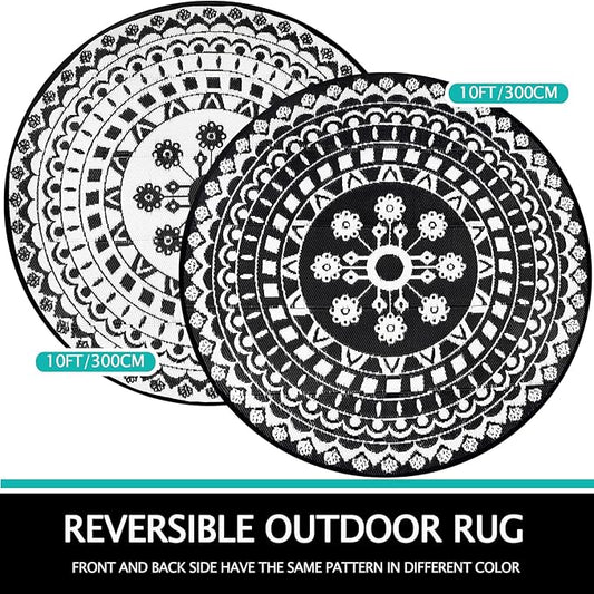 Capslpad 10Ft Round Outdoor Rug for Patio Reversible Mat Boho Circle Indoor Outside Area Rug Waterproof Plastic Straw Rug for RV Camping Picnic Pool Tent Beach Deck Balcony Doormats Decor, Black