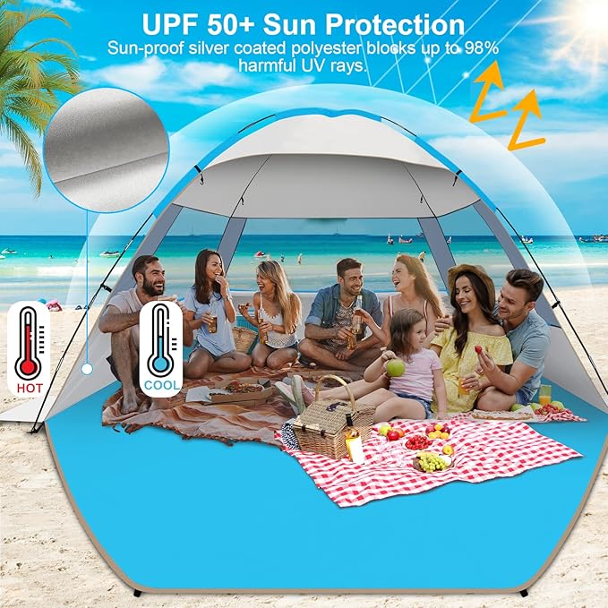 Gorich Beach Tent Sun Shelter for 3/4-5/6-7/8-10 Person with UPF 50+ UV Protection, Lightweight & Easy Setup Beach Shade Canopy, Portable Beach Shade Tent Beach Cabana