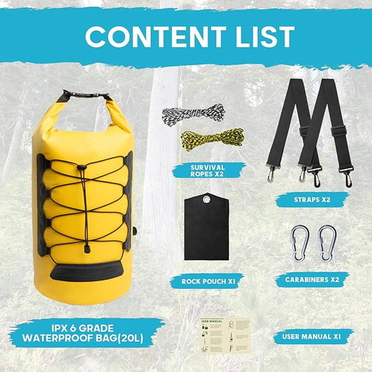 20L Bear Food Bag Kit for Hiking Storage System with Pulley, Ropes, Clips,and Rock Pouch, IPX 6 Grade Waterproof Leakproof Bear Bag