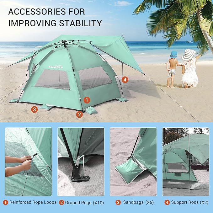 Elegear Beach Tent With 360 Removable Canopy, 4-6 Person Pop Up Sun Shade Shelter, UPF 50+ Automated Installation Double Silver Coating Portable Lightweight Cabana