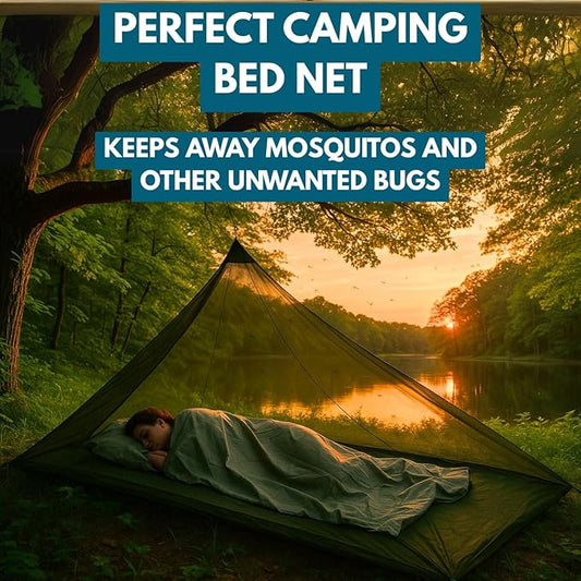 The Friendly Swede Outdoor Mosquito Net — Mosquito Netting for Camping & Bed; Army Green Bug Net with Stuff Sack, 4 Ground Stakes & Adjustable Cord; Single Bug Tent
