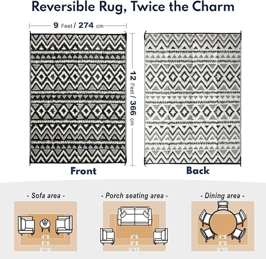 Waterproof Outdoor Rug 9x12 ft, Reversible Plastic Straw Rug, Easy to Clean Patio Rug, Portable Carpet for Patio, RV, Deck, Balcony, Backyard, Picnic, Beach, Geometric Diamond, Gray