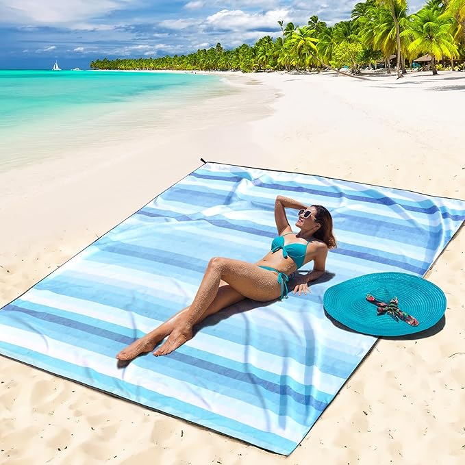 Beach Blanket Waterproof Sandproof Beach Mat 79" X 83" /10'x9'for 2-8 Adults Quick Drying Outdoor Picnic Mat Beach Accessories for Travel, Camping, Hiking