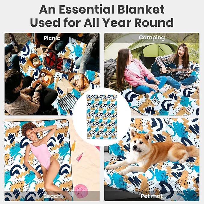 Waterproof Outdoor Blanket, 78.7x55inch, Printed Large Picnic Blankets, Foldable Picnic Mat, Camping Blanket for Picnic, Grass, Park, Lawn, Beach - Blue Painting