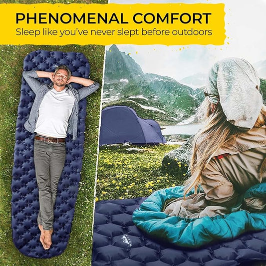 WELLAX Ultralight Air Sleeping Pad - Inflatable Sleeping Mat, Ultimate Airpad for Backpacking, Traveling, Camping and Hiking - Repair Kit, Carry Bag, Compact Air Mattress