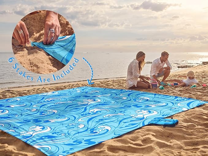 WEKAPO Beach Blanket Waterproof Sandproof Oversized Extra Large Sand Free Beach Mat with Stakes, Storage Bag - Essentials for Outdoor Beach, Picnic (Blue Ocean Waves, 8 X 7 FT (1~4 Person))