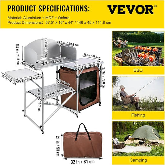 VEVOR Camping Kitchen Table, Aluminum Portable Folding Camp Cook Station with Windscreen, Cupboard, Storage Organizer, Carrying Bag, Quick Installation for Outdoor Picnic Beach BBQ RV Traveling, Brown