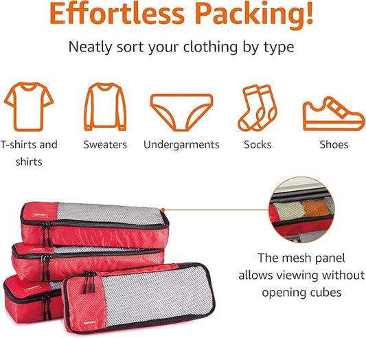 Amazon Basics Slim Packing Cubes for Travel, Packing Organizers, 4-Piece-Set With Double Zipper Pulls and Mesh Top Panel, 100% Durable Polyester, Red, 14"L x 5"W x 3"H