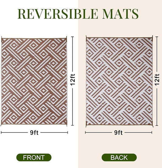 OPPODREAM Outdoor Rug 9x12 Patio Waterproof, Large Outdoor Plastic Straw Rug, Reversible Out Door Carpet for Camping, Deck, Rv, 9 x 12 Area Carpet for Balcony, Porch, Backyard, White and Brown