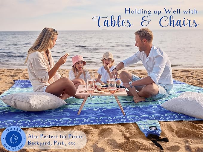 WEKAPO Beach Blanket Waterproof Sandproof Oversized Extra Large Sand Free Beach Mat with Stakes, Storage Bag - Essentials for Outdoor Beach, Picnic (Bohemian Sealife, 8 X 7 FT (1~4 Person))