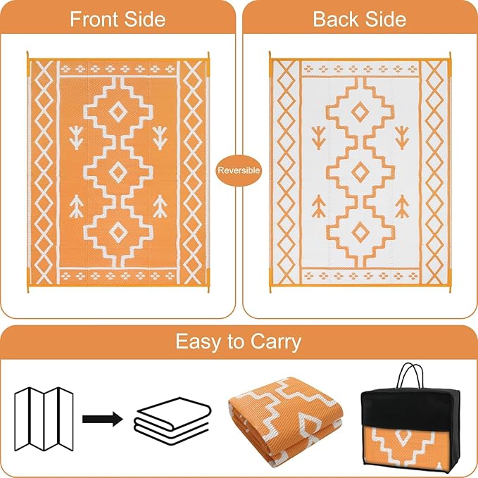 Uphome Outdoor Rugs 8x10 Waterproof, Reversible Orange Boho RV Camping Rug, Patio Plastic Straw Outside Rug, Large Foldable Outdoor Mat Carpet for Backyard Deck Pool Balcony Picnic Beach, 8'x10'