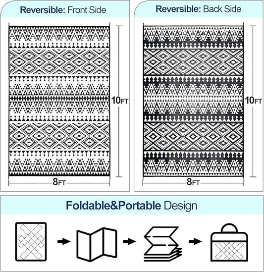 Outdoor Rug Mat for Patio, 8x10ft Waterproof Reversible Plastic Straw Rugs, Camping Carpet Area Mats for RV, Porch, Deck, Backyard, Balcony, Camper, Trailer, Black & White