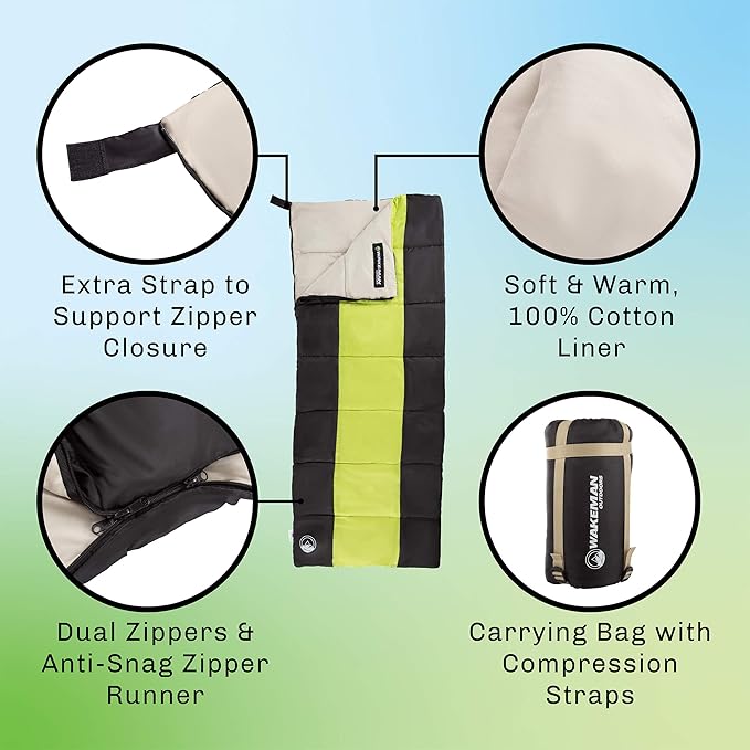 Wakeman Lightweight Sleeping Bag - Carrying Bag with Compression Straps Included