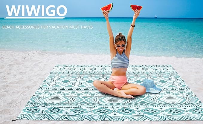 Beach Blanket Sandproof Extra Large Beach Mat Adults Waterproof Quick Drying Sand Free Mat Made by Premium Polyester with 4 Stakes & 4 Corner Pockets for Outdoor Travel Camping Hiking