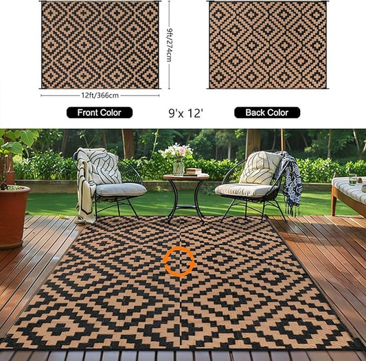 Outdoor Patio Plastic Straw Rug - 9'x12' Outdoor Camping Rug Waterproof Reversible, Area Carpet Patios Clearance RV, Outside Porch Balcony Deck for Camper, Black & Brown