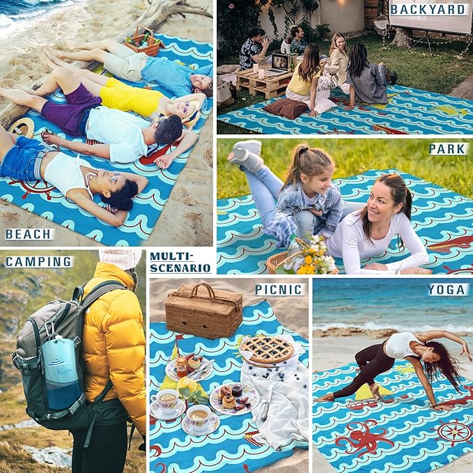 Beach Blanket Sandproof Waterproof 78''ร81''1-5Adults Oversized,Compact Lightweight Durable Beach Mat for Travel Camping Hiking Picnic Blanket